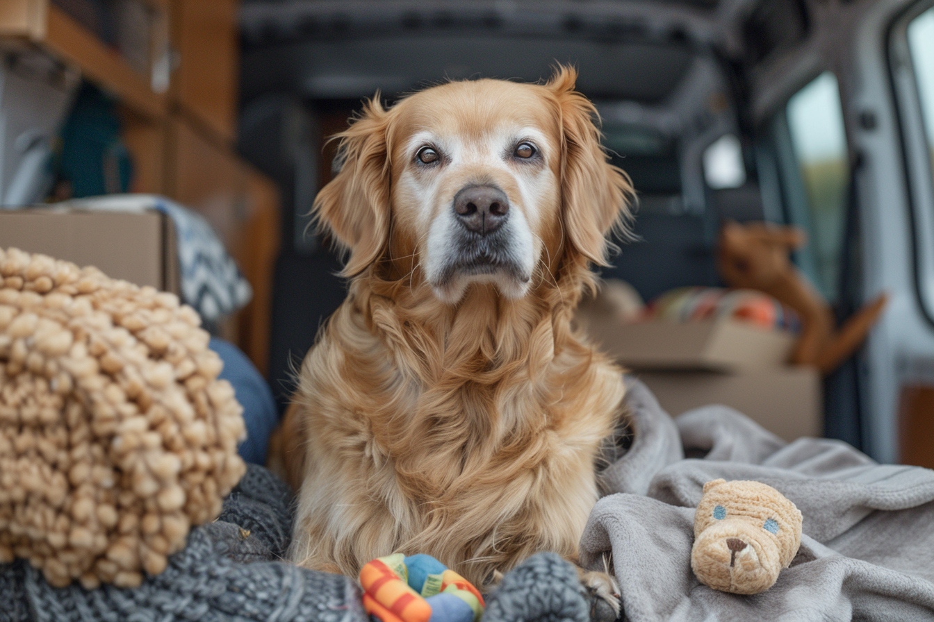 Chien senior paisible découvrant sa nouvelle maison à NIORT lors d'un déménagement